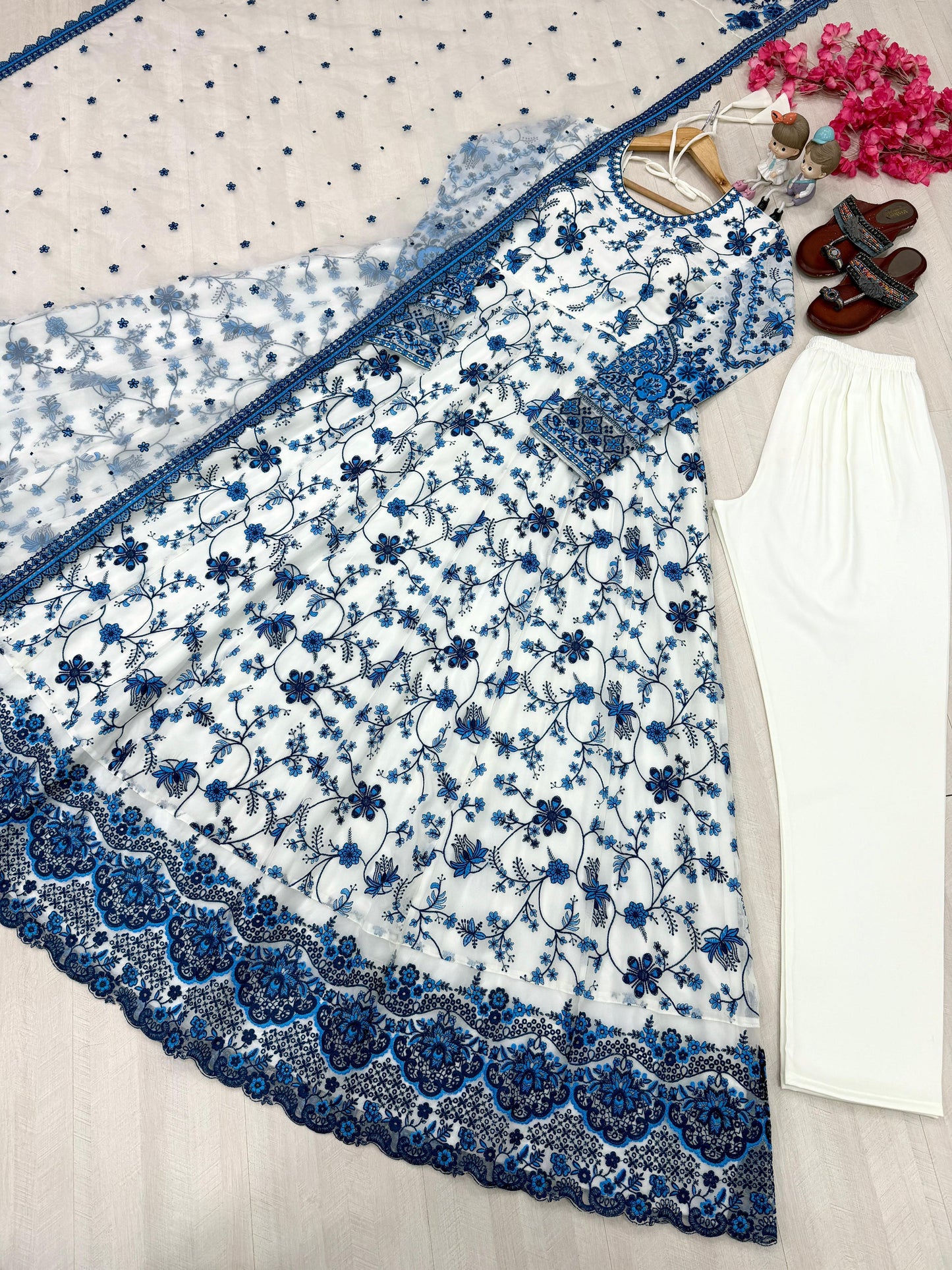 White Blue Exquisite Georgette & Soft Organza Silk Embroidered Gown Set