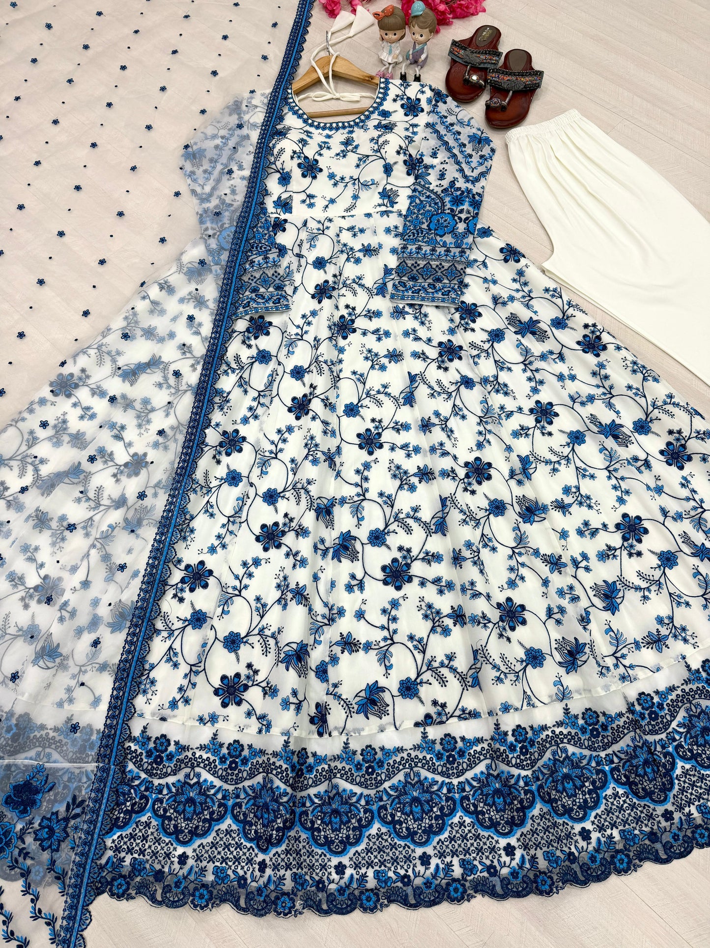 White Blue Exquisite Georgette & Soft Organza Silk Embroidered Gown Set