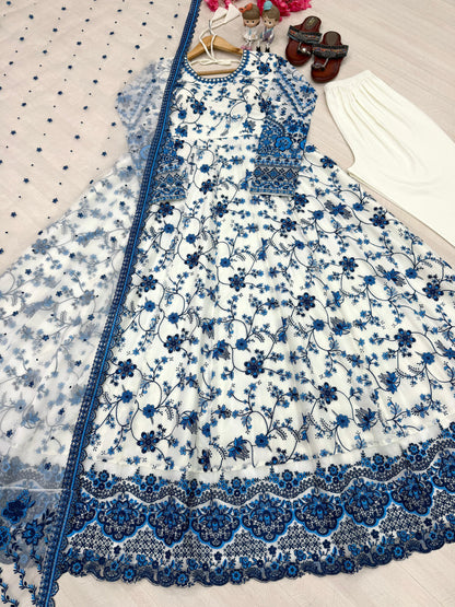 White Blue Exquisite Georgette & Soft Organza Silk Embroidered Gown Set