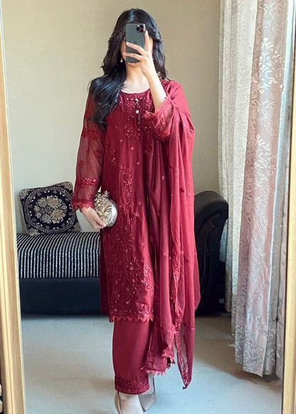 Rich wine maroon Designer Heavy Faux Georgette Embroidered Palazzo Suit Set with Dupatta