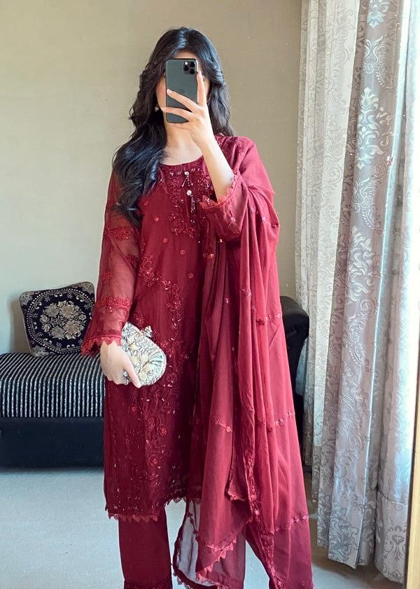 Rich wine maroon Designer Heavy Faux Georgette Embroidered Palazzo Suit Set with Dupatta