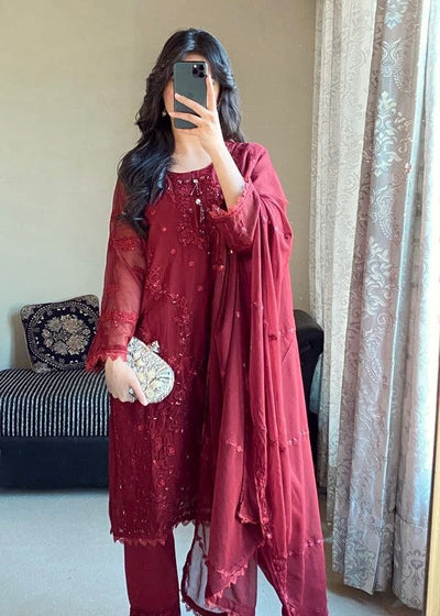 Rich wine maroon Designer Heavy Faux Georgette Embroidered Palazzo Suit Set with Dupatta