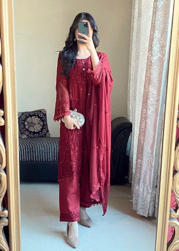Rich wine maroon Designer Heavy Faux Georgette Embroidered Palazzo Suit Set with Dupatta