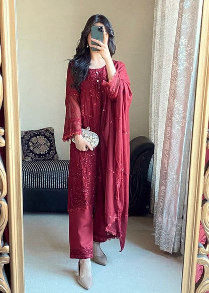 Rich wine maroon Designer Heavy Faux Georgette Embroidered Palazzo Suit Set with Dupatta