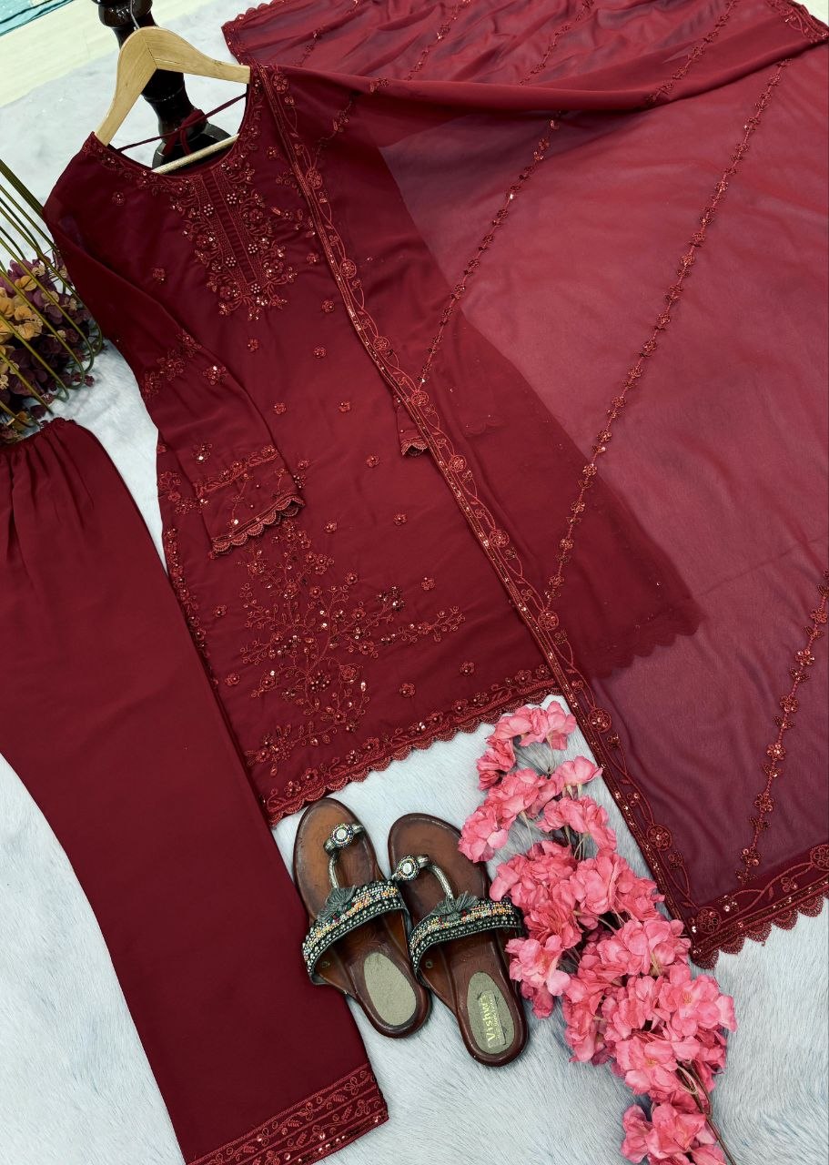 Rich wine maroon Designer Heavy Faux Georgette Embroidered Palazzo Suit Set with Dupatta