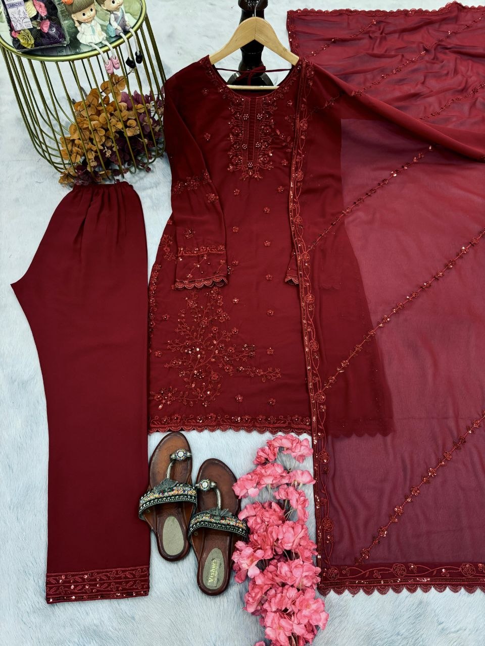 Rich wine maroon Designer Heavy Faux Georgette Embroidered Palazzo Suit Set with Dupatta