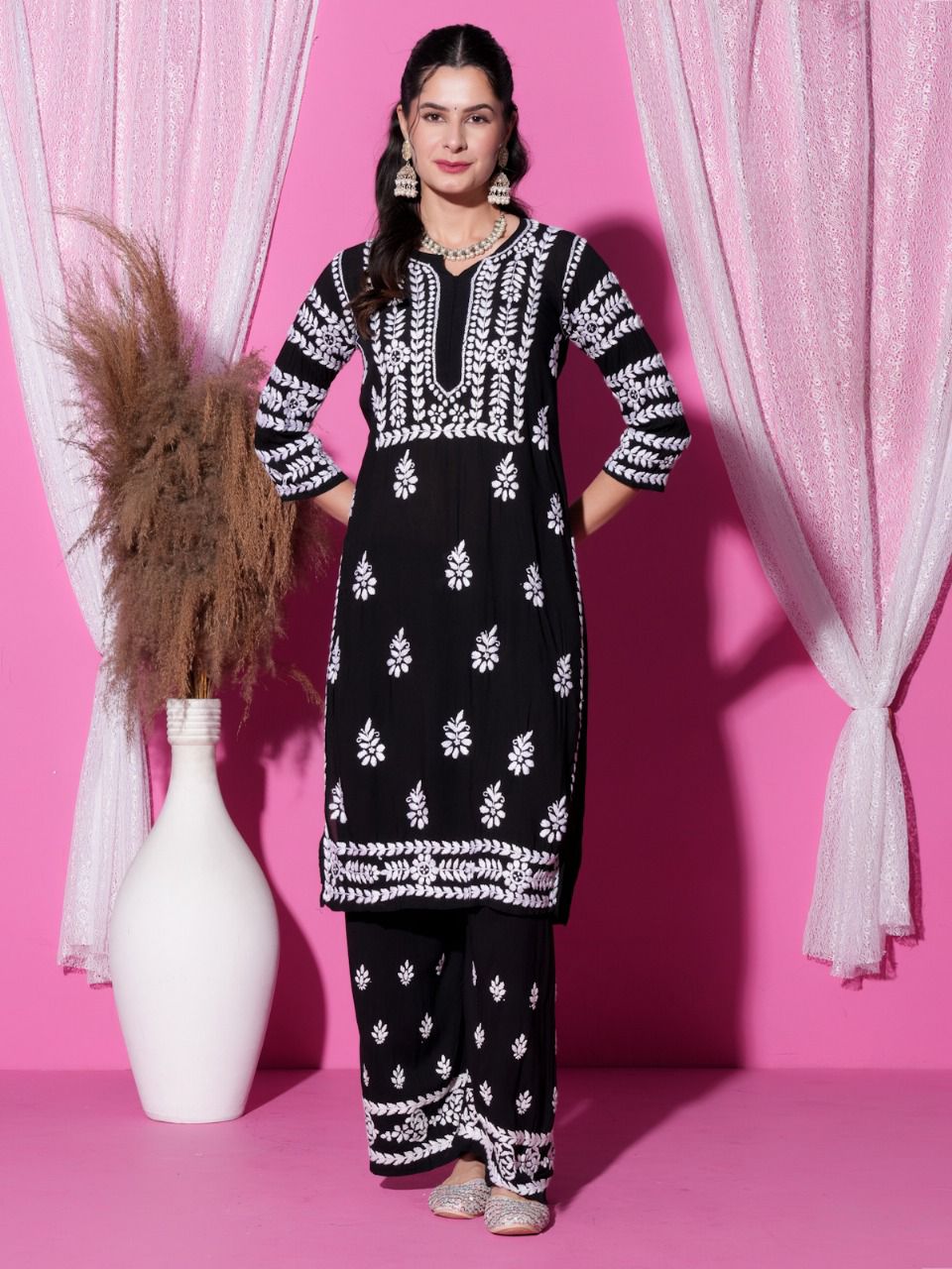 Black & White Chikankari Modal Co-ord Set