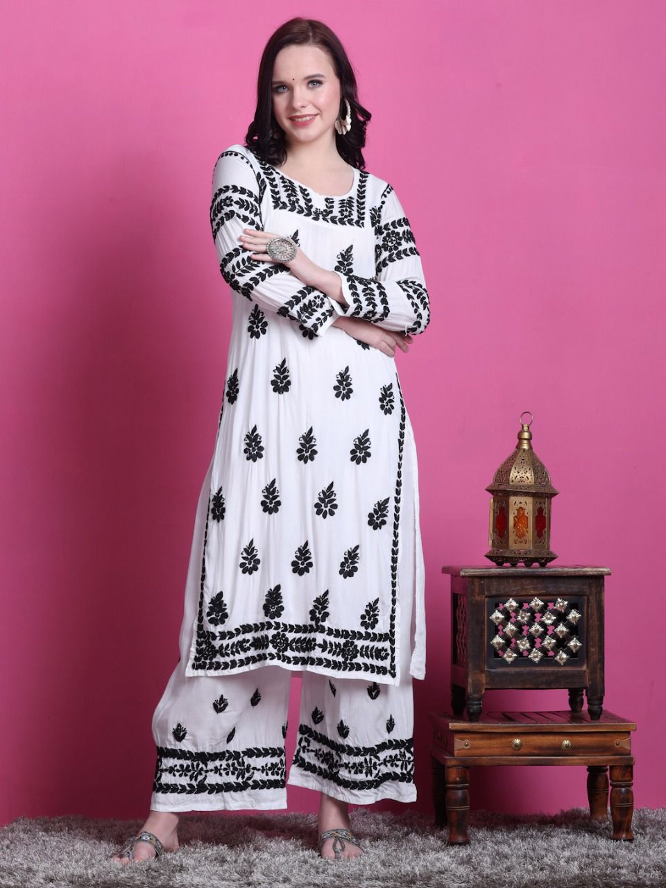 Black & White Chikankari Modal Co-ord Set