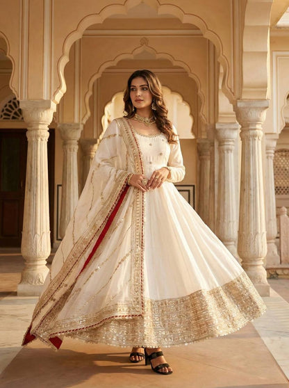 White Regal Midnight Sequin & Zari Embroidered Chinon Silk Anarkali Set