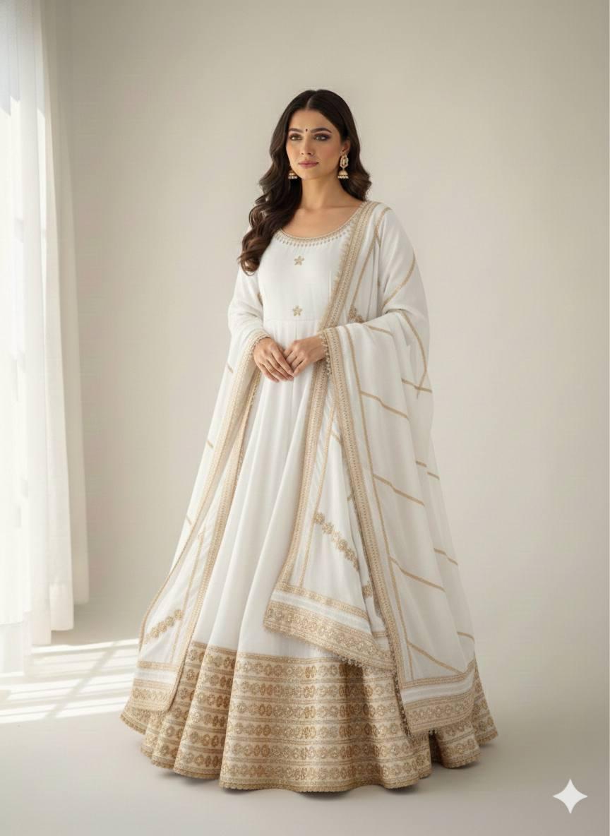 White Regal Midnight Sequin & Zari Embroidered Chinon Silk Anarkali Set