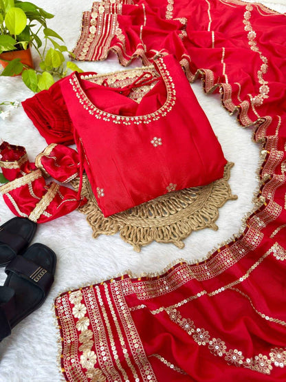 Red Regal Midnight Sequin & Zari Embroidered Chinon Silk Anarkali Set