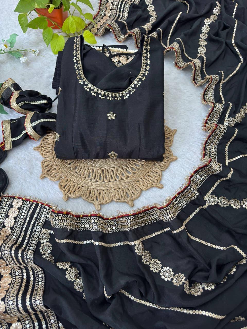 Black Regal Midnight Sequin & Zari Embroidered Chinon Silk Anarkali Set