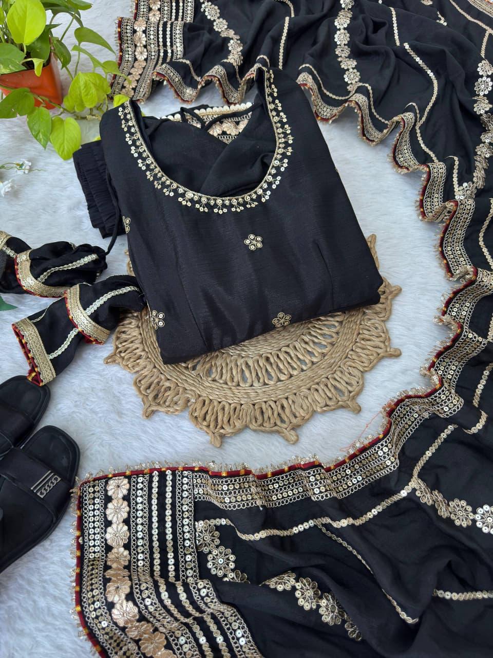 Black Regal Midnight Sequin & Zari Embroidered Chinon Silk Anarkali Set