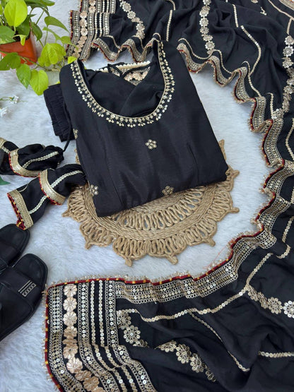Black Regal Midnight Sequin & Zari Embroidered Chinon Silk Anarkali Set