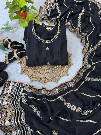 Black Regal Midnight Sequin & Zari Embroidered Chinon Silk Anarkali Set