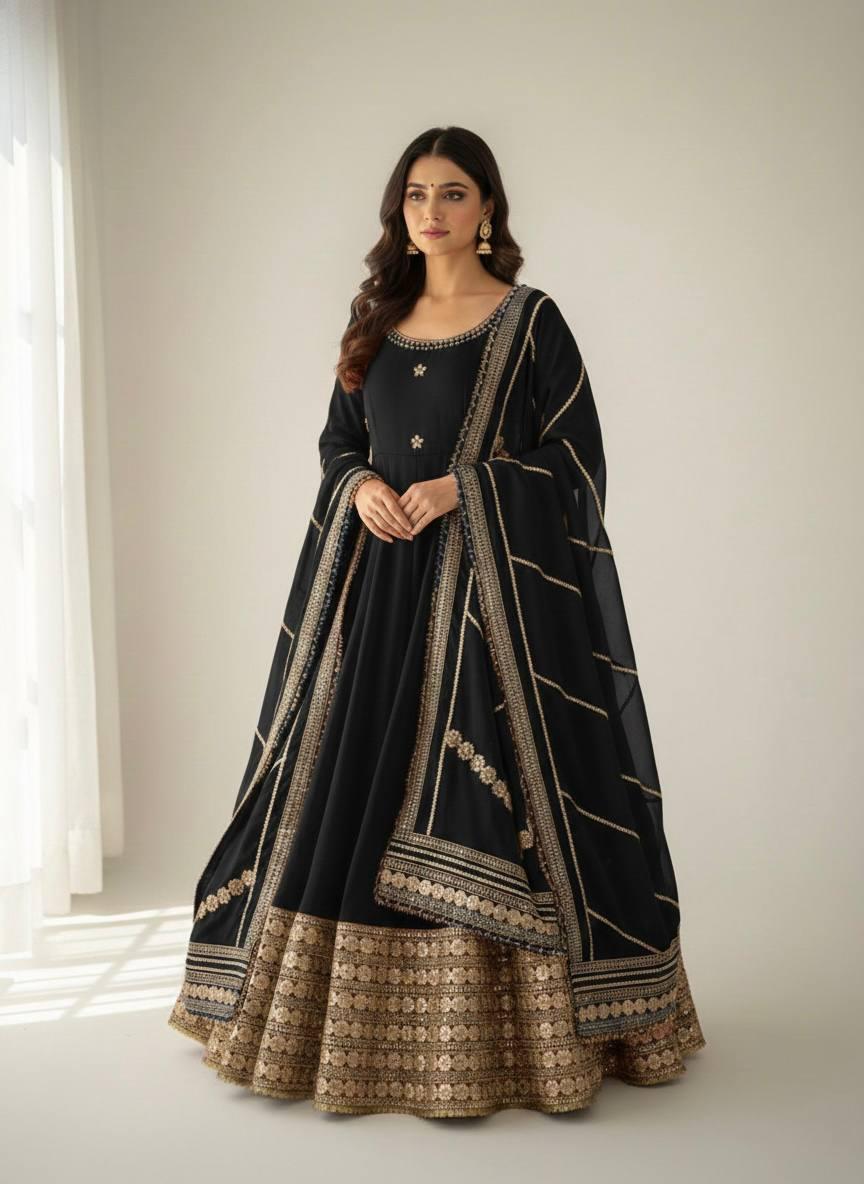 Black Regal Midnight Sequin & Zari Embroidered Chinon Silk Anarkali Set