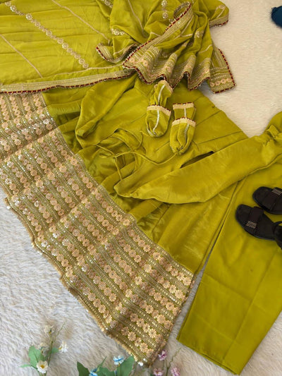 Olive Green Regal Midnight Sequin & Zari Embroidered Chinon Silk Anarkali Set