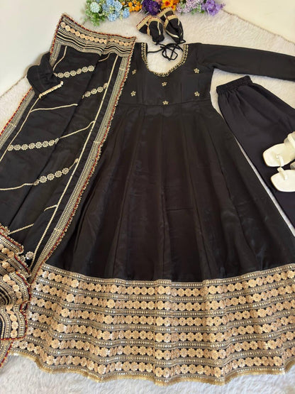 Black Regal Midnight Sequin & Zari Embroidered Chinon Silk Anarkali Set