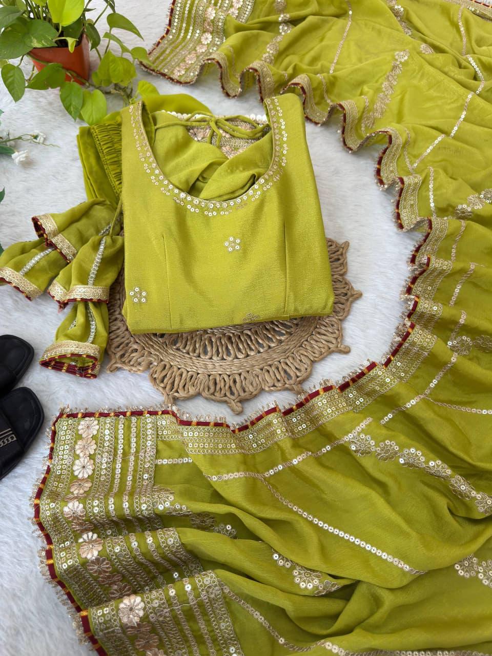 Olive Green Regal Midnight Sequin & Zari Embroidered Chinon Silk Anarkali Set