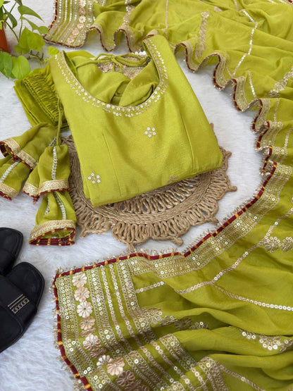 Olive Green Regal Midnight Sequin & Zari Embroidered Chinon Silk Anarkali Set