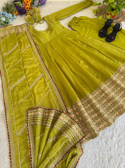 Olive Green Regal Midnight Sequin & Zari Embroidered Chinon Silk Anarkali Set