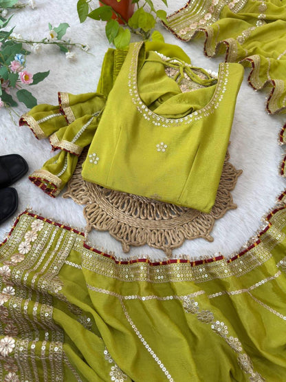Olive Green Regal Midnight Sequin & Zari Embroidered Chinon Silk Anarkali Set