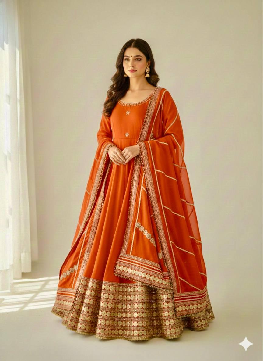 Burnt Orange Regal Midnight Sequin & Zari Embroidered Chinon Silk Anarkali Set