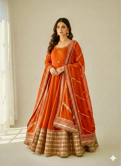 Burnt Orange Regal Midnight Sequin & Zari Embroidered Chinon Silk Anarkali Set