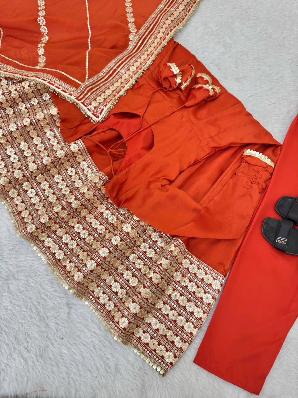 Burnt Orange Regal Midnight Sequin & Zari Embroidered Chinon Silk Anarkali Set