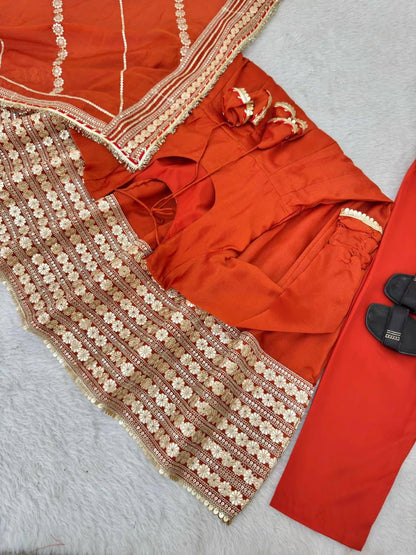 Burnt Orange Regal Midnight Sequin & Zari Embroidered Chinon Silk Anarkali Set