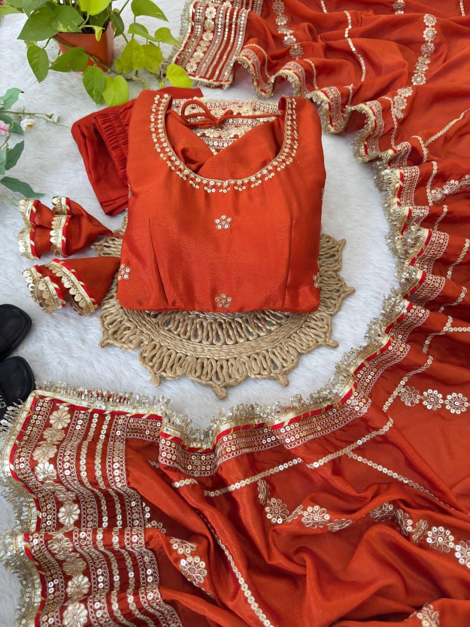 Burnt Orange Regal Midnight Sequin & Zari Embroidered Chinon Silk Anarkali Set