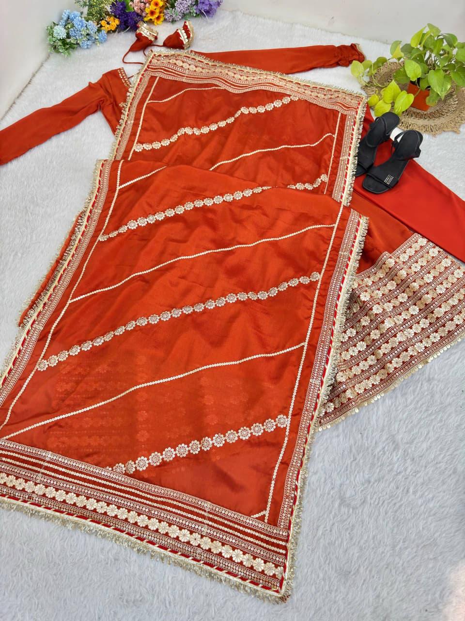 Burnt Orange Regal Midnight Sequin & Zari Embroidered Chinon Silk Anarkali Set