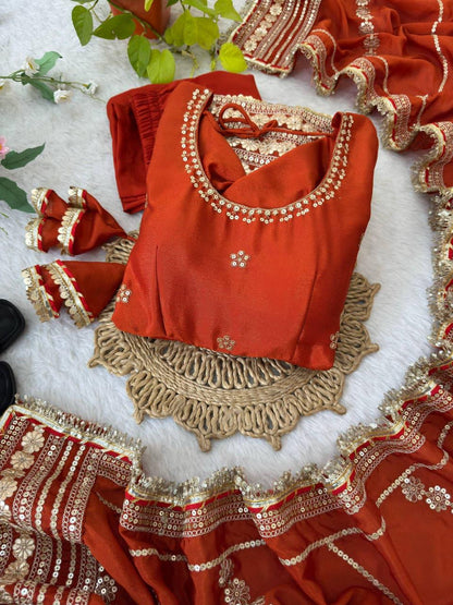 Burnt Orange Regal Midnight Sequin & Zari Embroidered Chinon Silk Anarkali Set