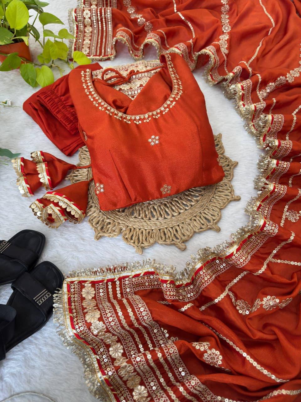 Burnt Orange Regal Midnight Sequin & Zari Embroidered Chinon Silk Anarkali Set
