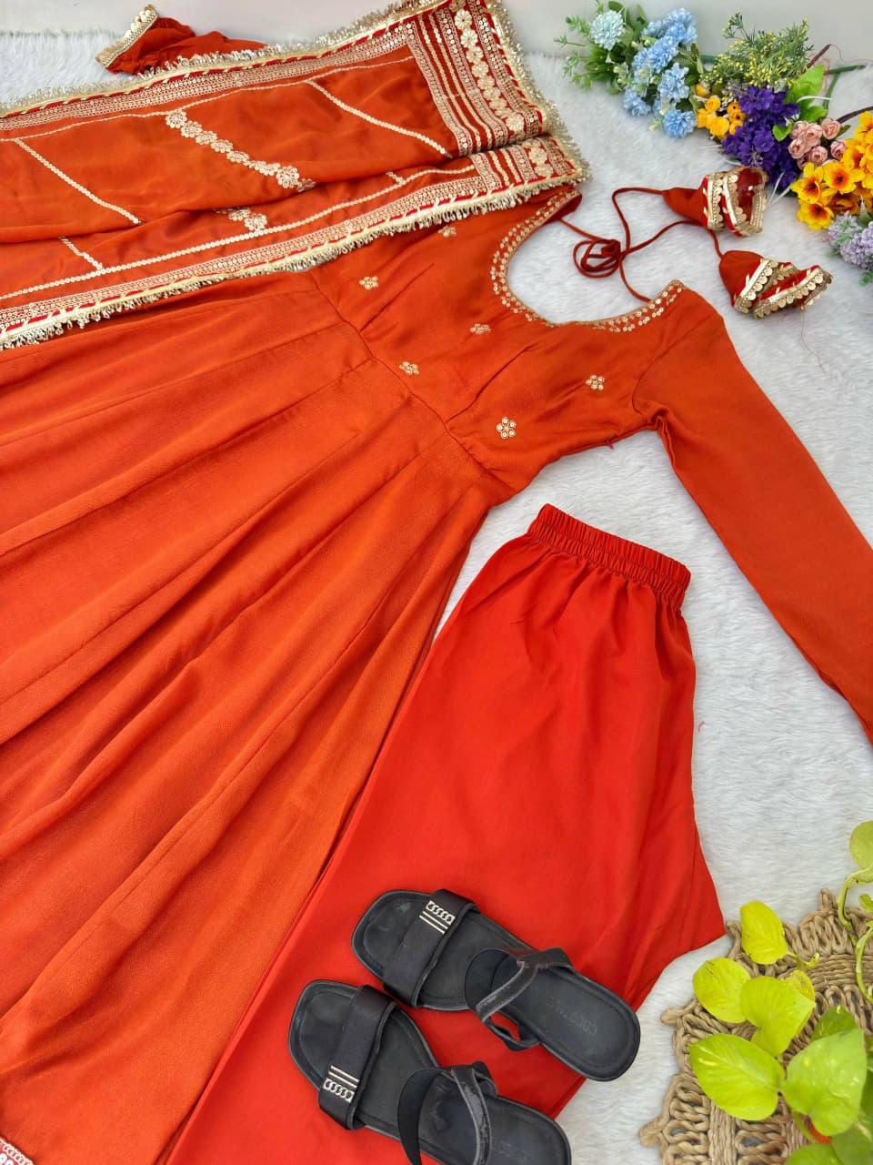 Burnt Orange Regal Midnight Sequin & Zari Embroidered Chinon Silk Anarkali Set