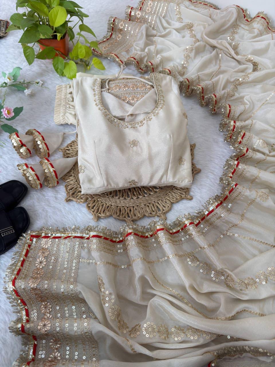Beige Regal Midnight Sequin & Zari Embroidered Chinon Silk Anarkali Set
