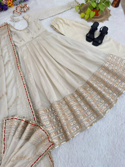 Beige Regal Midnight Sequin & Zari Embroidered Chinon Silk Anarkali Set