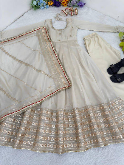 Beige Regal Midnight Sequin & Zari Embroidered Chinon Silk Anarkali Set