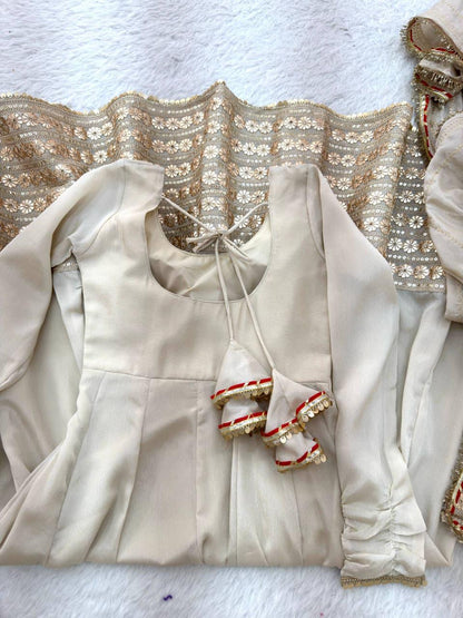 Beige Regal Midnight Sequin & Zari Embroidered Chinon Silk Anarkali Set