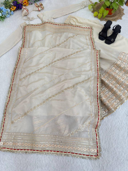 Beige Regal Midnight Sequin & Zari Embroidered Chinon Silk Anarkali Set