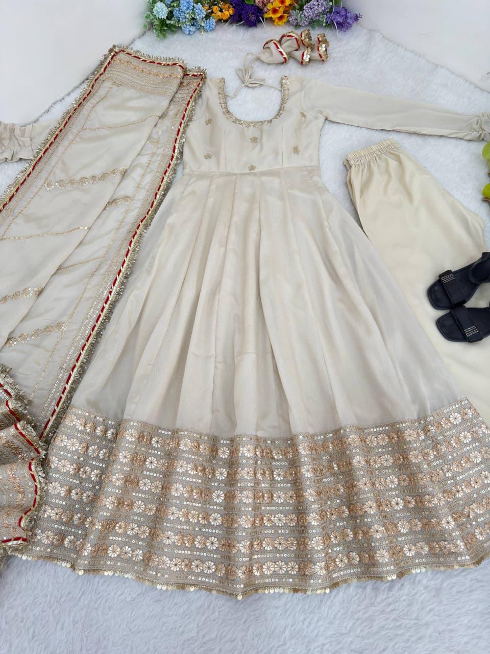Beige Regal Midnight Sequin & Zari Embroidered Chinon Silk Anarkali Set