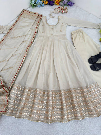 Beige Regal Midnight Sequin & Zari Embroidered Chinon Silk Anarkali Set
