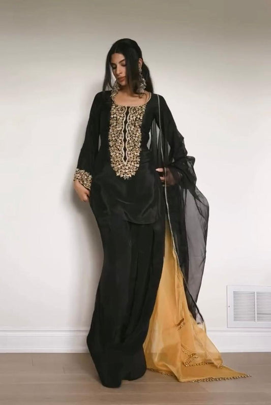 Black Designer Party Wear Embroidered Top with Farshi Palazzo & Organza Dupatta
