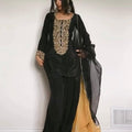 Black Designer Party Wear Embroidered Top with Farshi Palazzo & Organza Dupatta