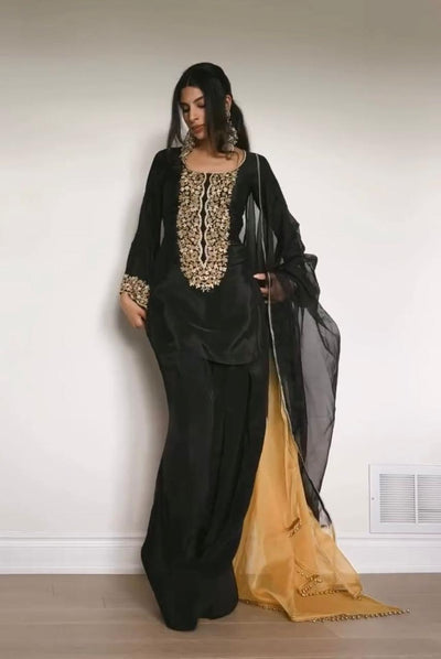 Black Designer Party Wear Embroidered Top with Farshi Palazzo & Organza Dupatta