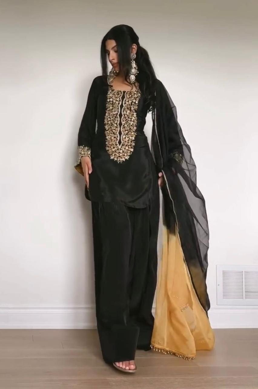 Black Designer Party Wear Embroidered Top with Farshi Palazzo & Organza Dupatta