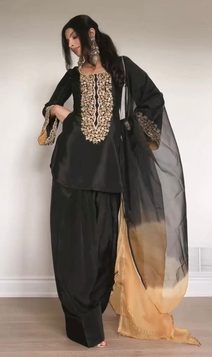 Black Designer Party Wear Embroidered Top with Farshi Palazzo & Organza Dupatta
