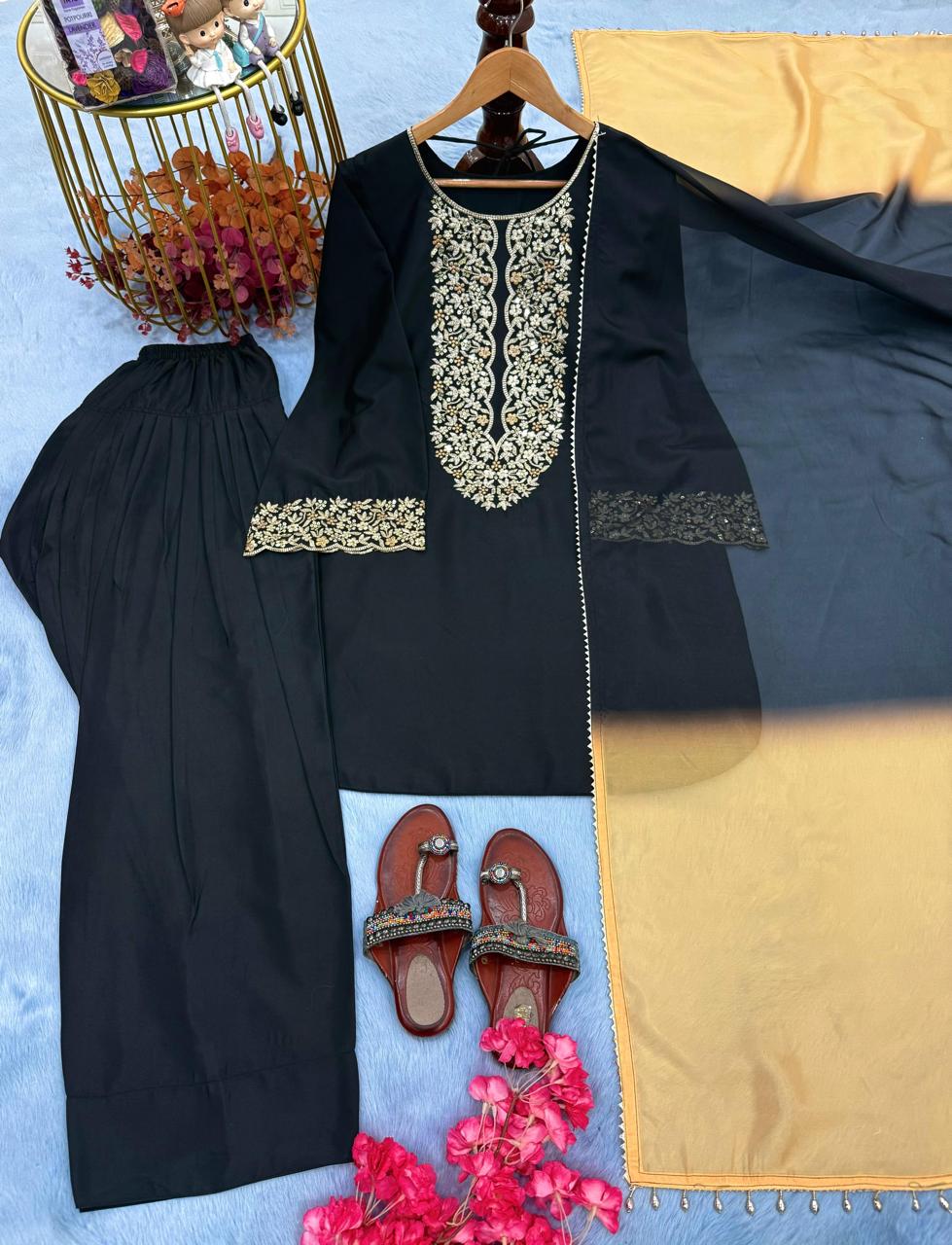 Black Designer Party Wear Embroidered Top with Farshi Palazzo & Organza Dupatta