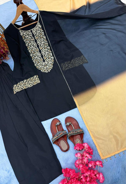 Black Designer Party Wear Embroidered Top with Farshi Palazzo & Organza Dupatta
