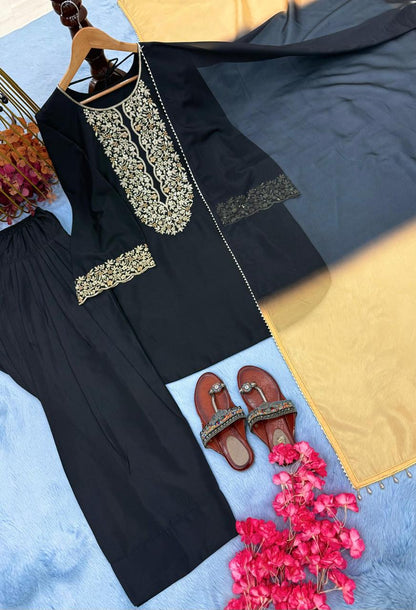 Black Designer Party Wear Embroidered Top with Farshi Palazzo & Organza Dupatta